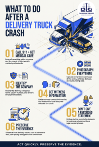 Six steps after a delivery truck crash in Texas: call 911, photograph the scene, identify the company, preserve evidence