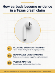 How Earbuds Become Evidence in a Texas Crash Claim Chart showing how earbuds can support a distracted driving claim in Texas and how risk rises with volume and both ears covered